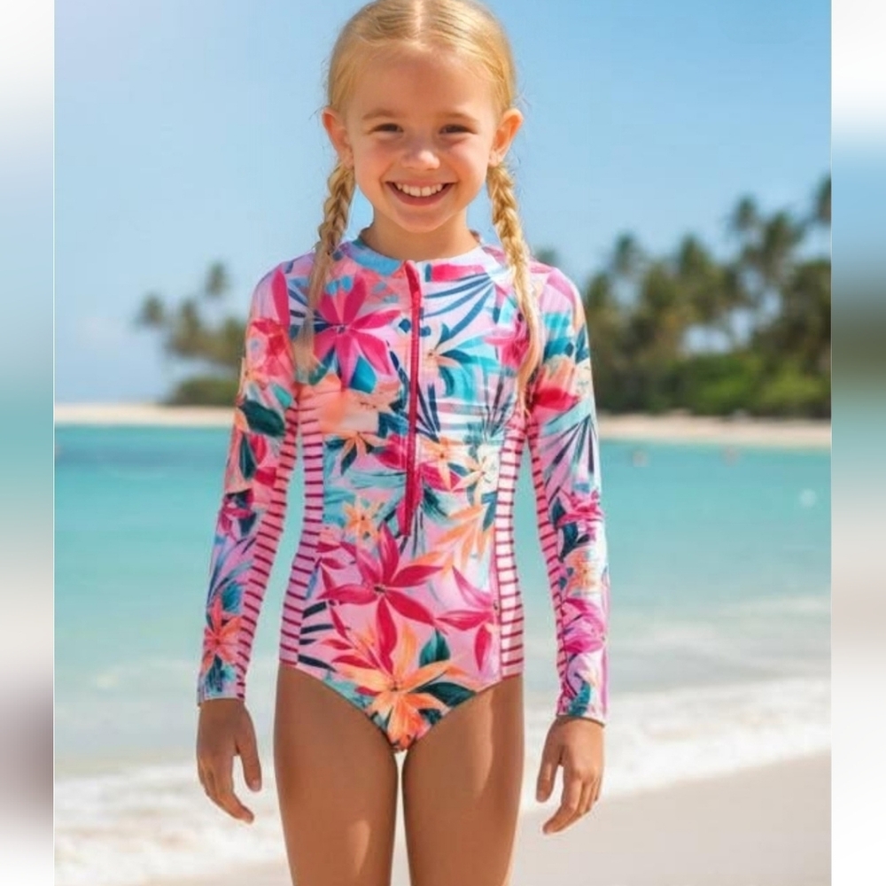 NEW Jessica Simpson Pink Floral Stripe Long Sleeve Swimsuit 6 / 6X